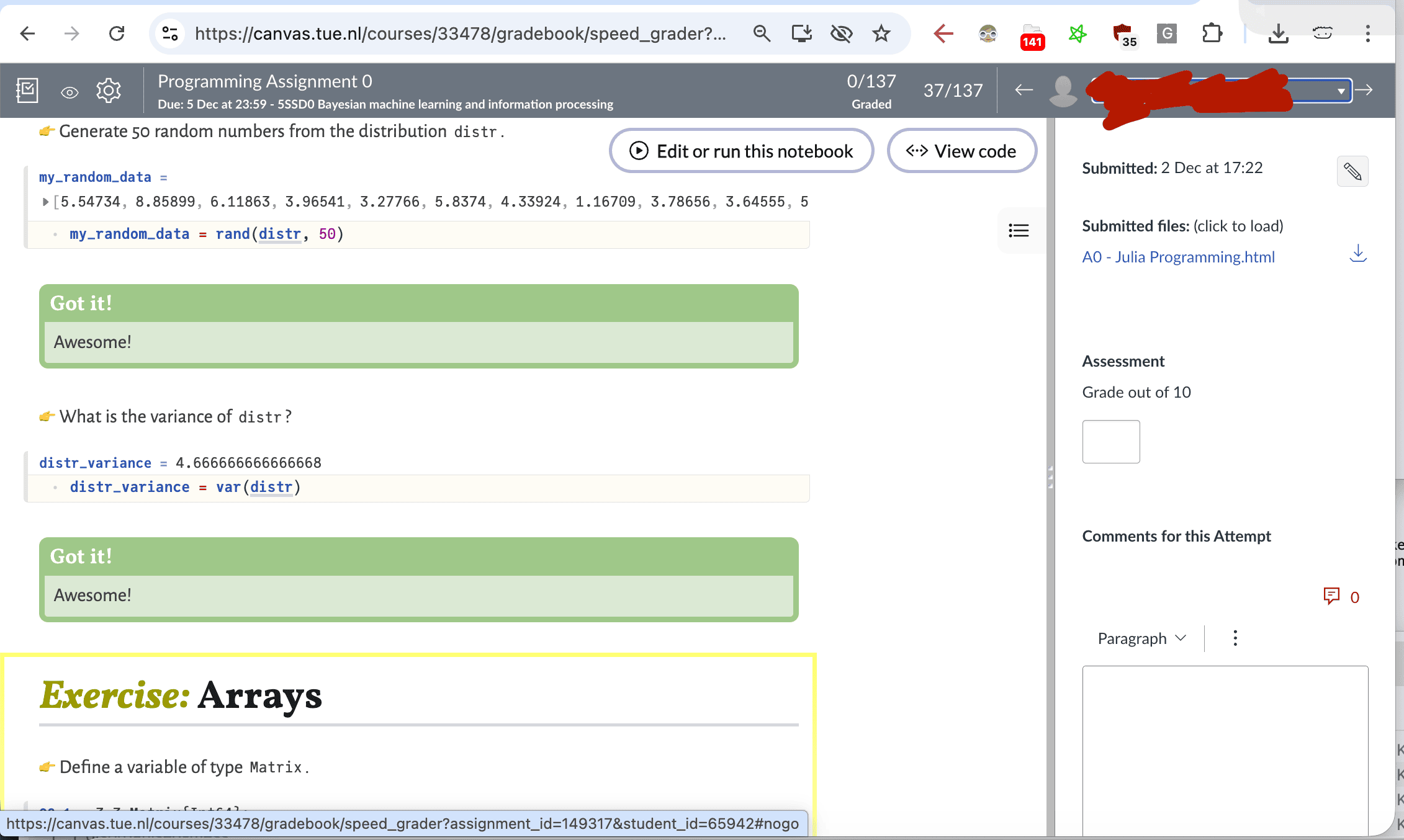 Screenshot of canvas speedgrader with a student notebook